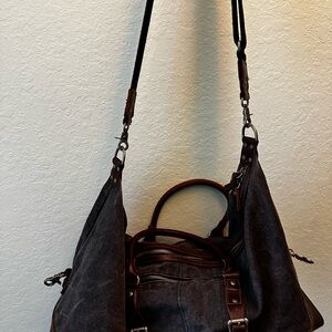 Men's Dark Brown Canvas and leather Shoulder Duffle Bag